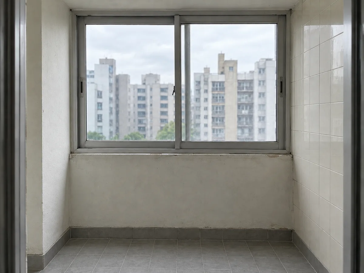동대문구 유리 작업 장면 — 발코니 왼쪽 창유리의 금과 같은 틀 안의 투명한 유리 — 후