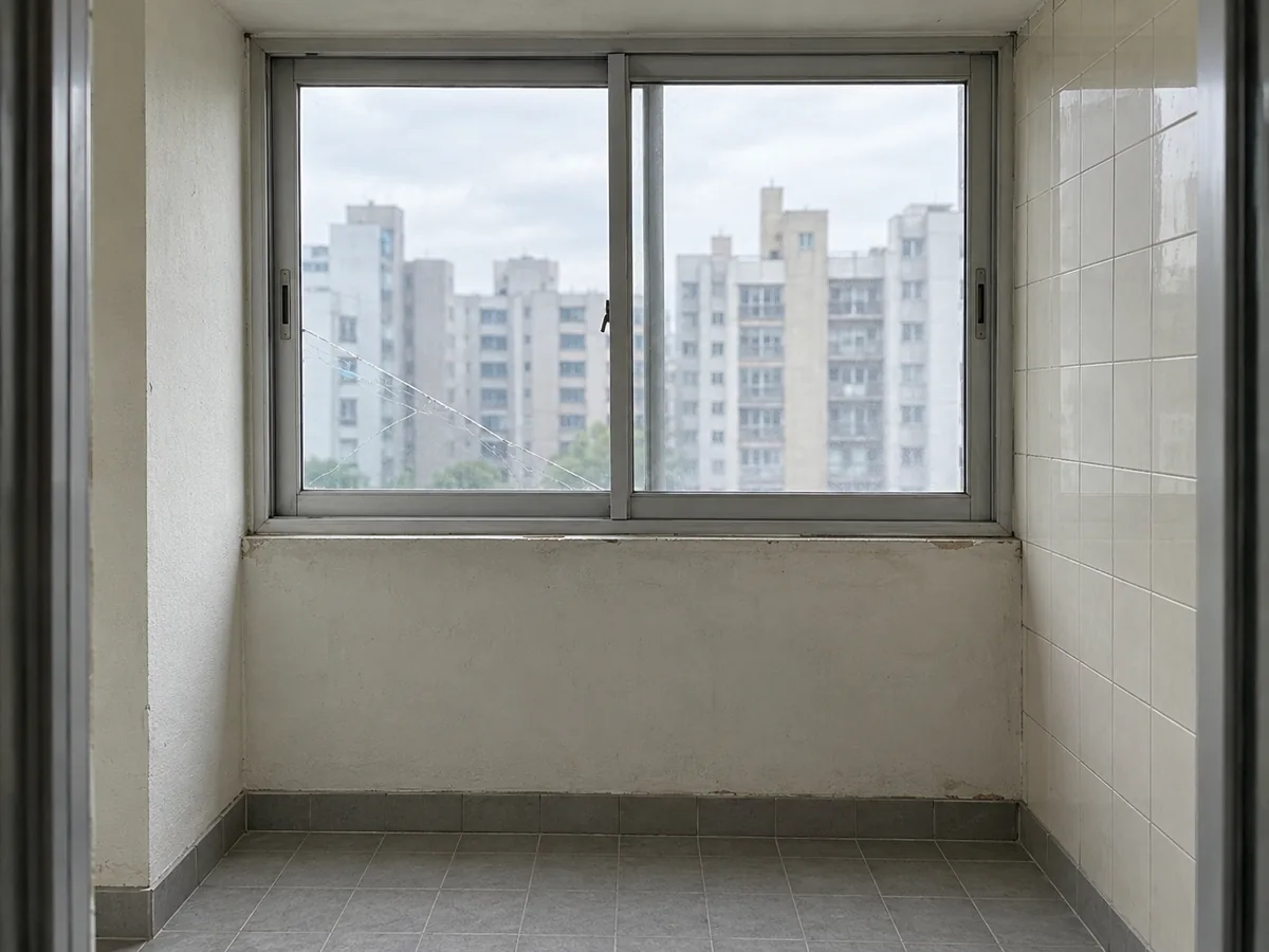 동대문구 유리 작업 장면 — 발코니 왼쪽 창유리의 금과 같은 틀 안의 투명한 유리 — 전