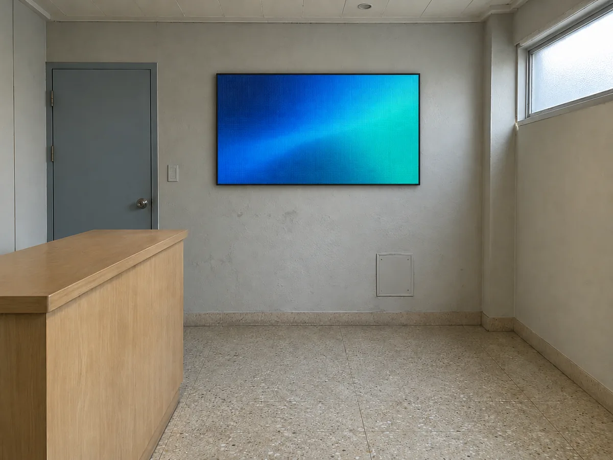 북구 LED·전광판 작업 장면 — 목재 카운터 뒤 회색 벽의 화면 설치 전후 비교 — 후