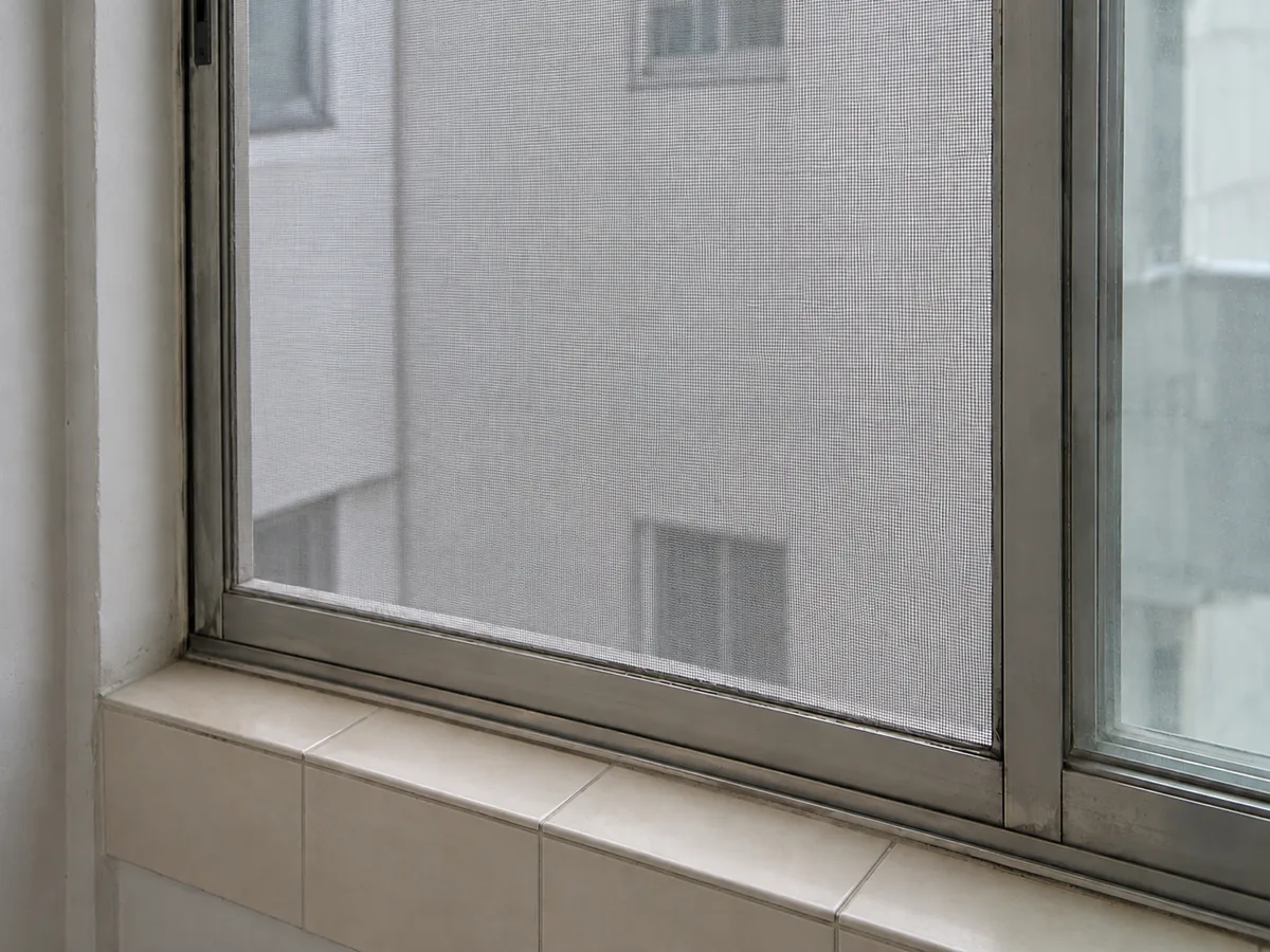 부산 방충망 작업 장면 — 기존 알루미늄 틀에 고르게 펼쳐진 새 망