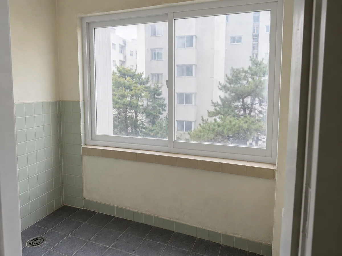 부산 창호 작업 장면 — 기존 개구부에 맞춘 흰색 창틀과 창짝
