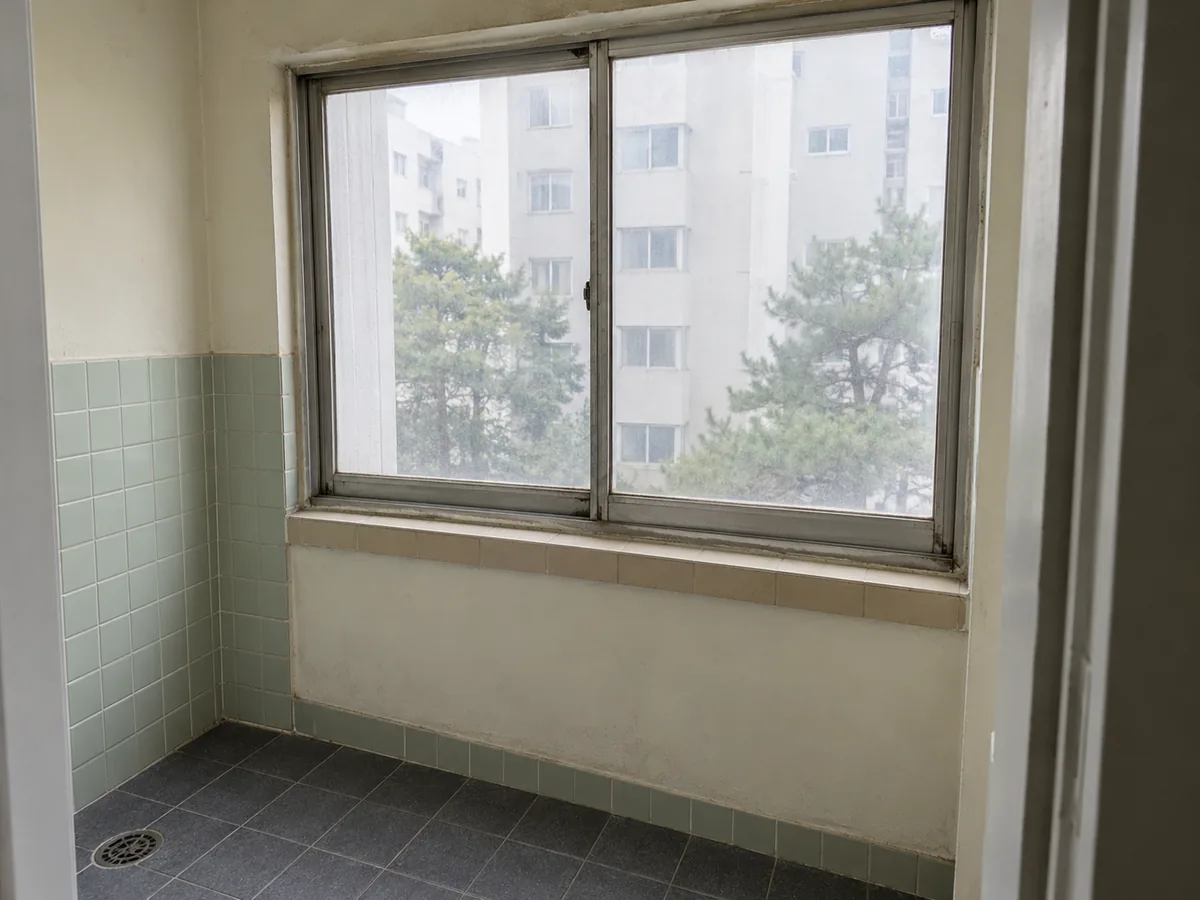 부산 창호 작업 장면 — 다용도실의 오래된 알루미늄 창과 레일